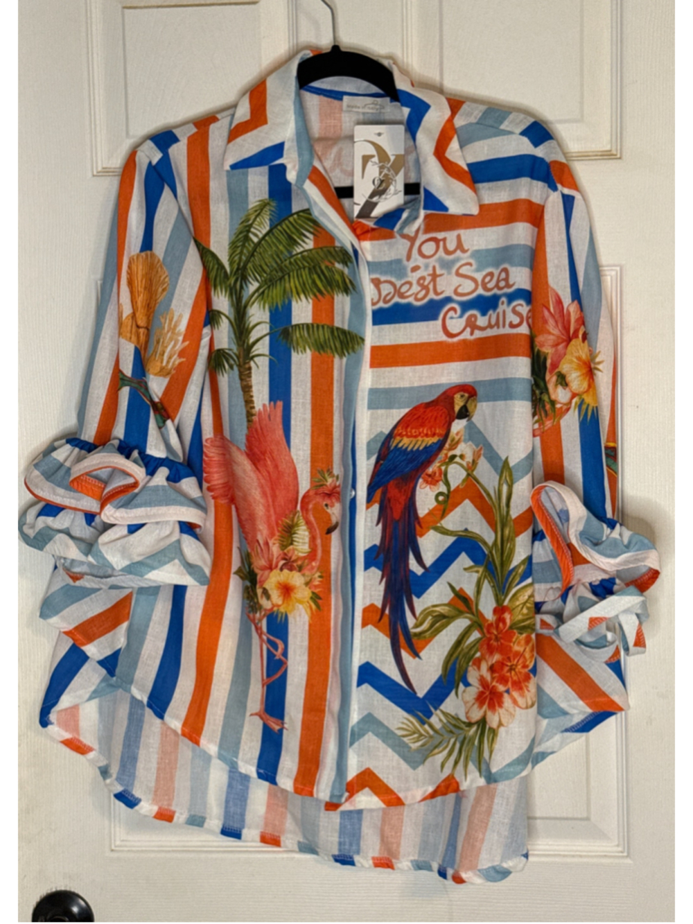 Tropical Print Blouse, One Size, White/Orange/Blue Made in Italy - Picture 2 of 6